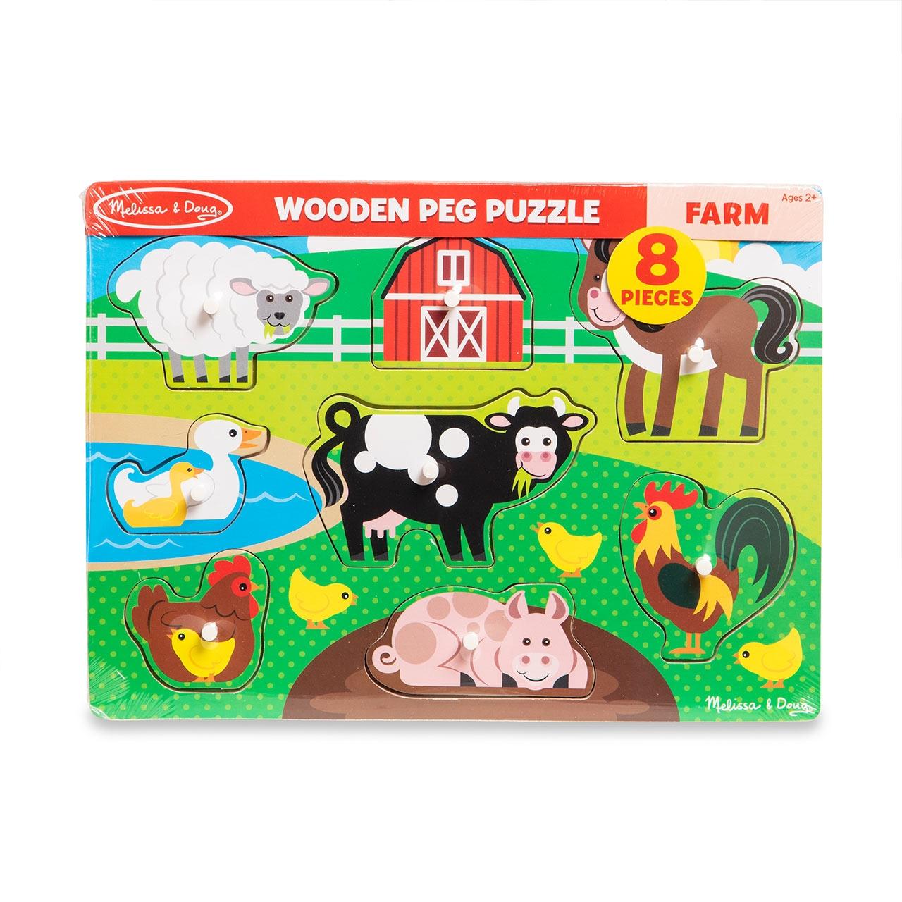 Melissa & Doug Fa készségfejlesztő játék, puzzle fogantyúval, a farm állatai
