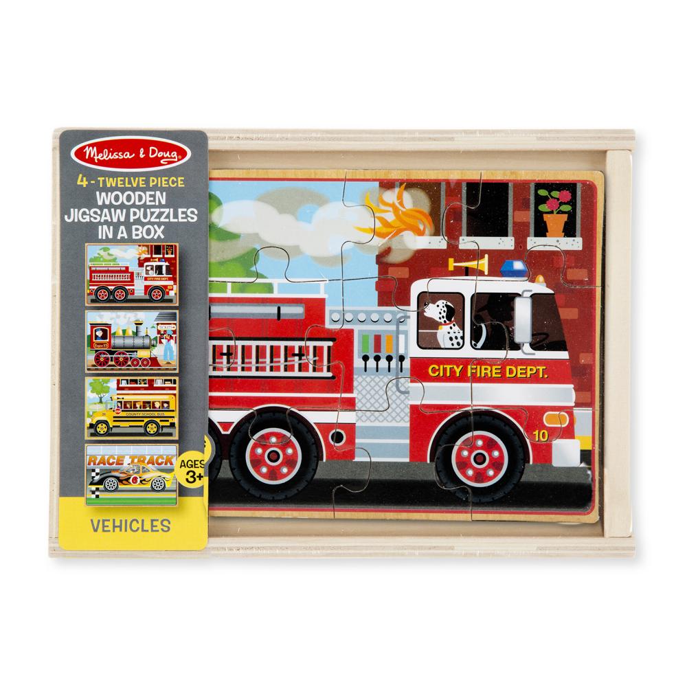 Melissa & Doug Fa készségfejlesztő játék, Puzzlek dobozban, járművek