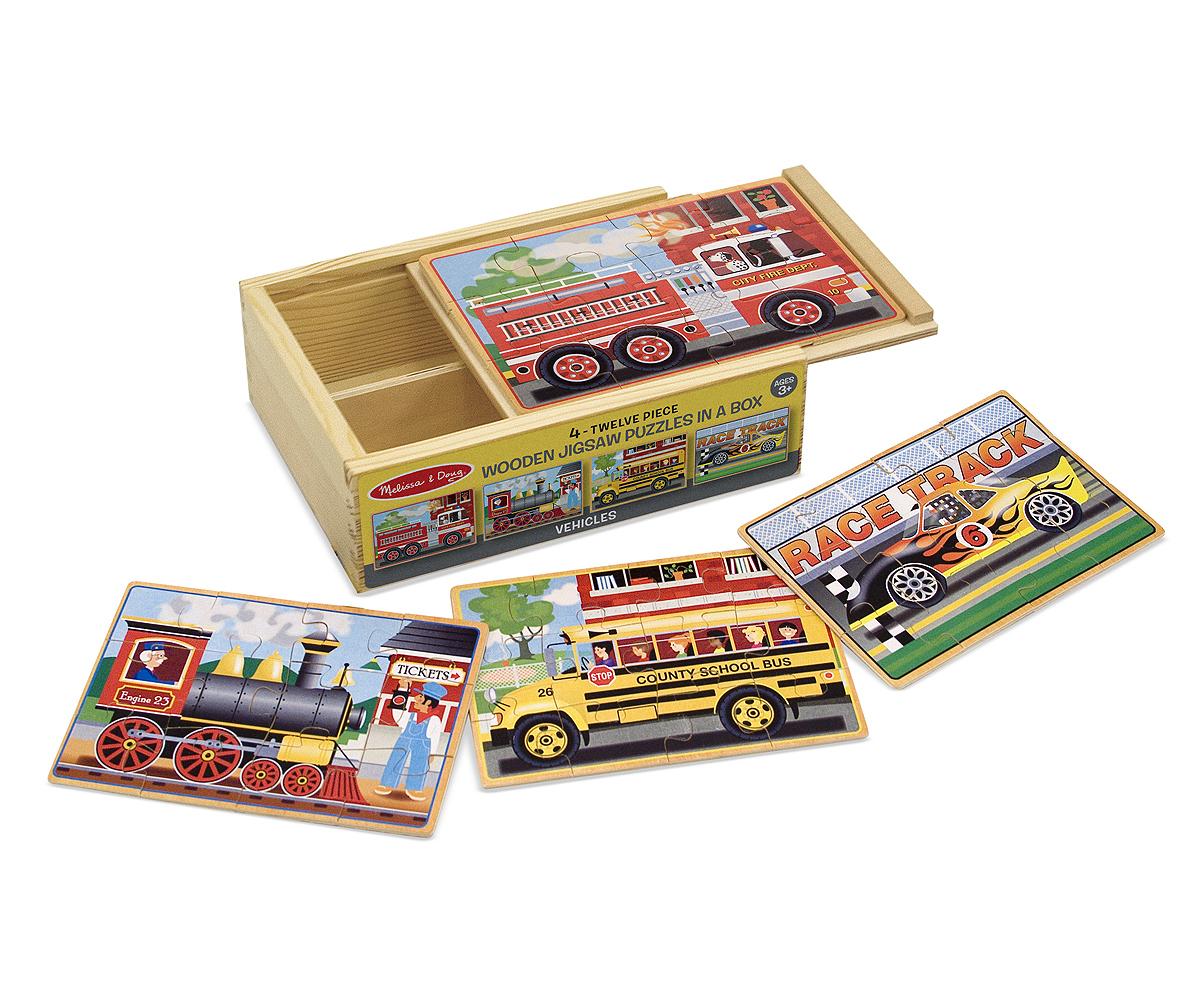Melissa & Doug Fa készségfejlesztő játék, Puzzlek dobozban, járművek