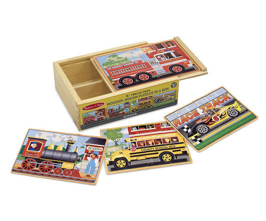 Melissa & Doug Fa készségfejlesztő játék, Puzzlek dobozban, járművek